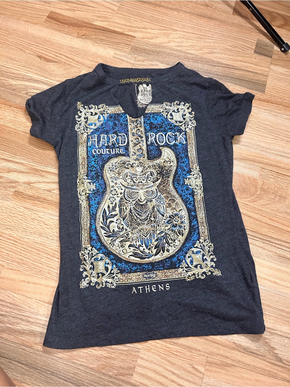Hard Rock Cafe Navy Graphic Tee with Gold and Blue Guitar Print